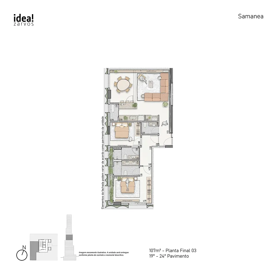 Planta Residencial 107 m² 107m² - Planta Final 03 · 19º - 24º Pavimento